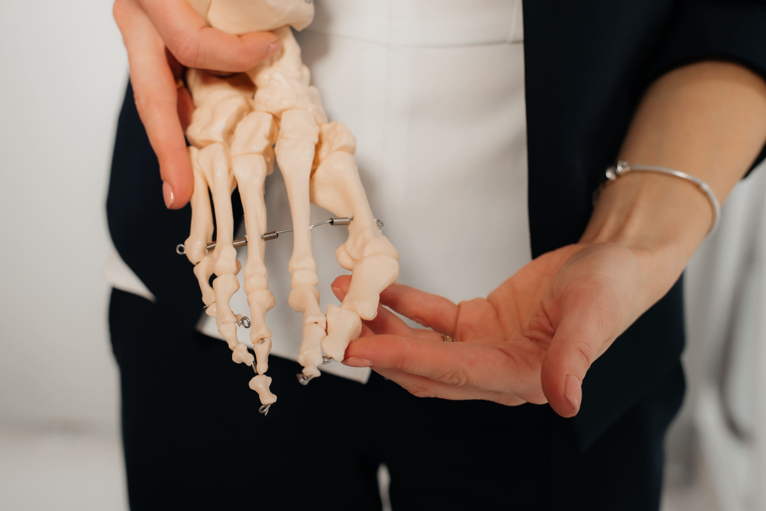 A person holding a detailed model of a human foot bone in a medical setting.